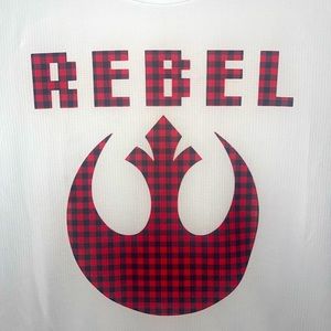 Xl athletic fit Rebel crest with rebel pixel font plaid gym sweat wicking cool